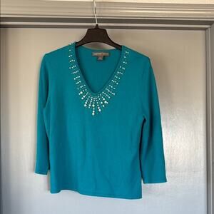Josephine Chaus sz Large Women's V-Neck Beaded Sweater 3/4 Sleeves Pullon